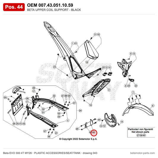 BETA UPPER COIL SUPPORT - BLACK – OEM 007.43.051.10.59, position 44 on the Beta EVO 300 4T MY26 plastic accessories/seat/tank drawing