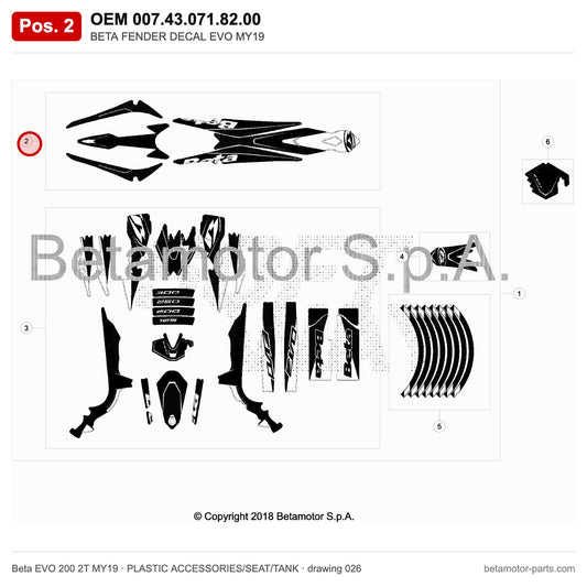BETA FENDER DECAL EVO MY19 – OEM 007.43.071.82.00, position 2 on the Beta EVO 200 2T MY19 plastic accessories/seat/tank drawing