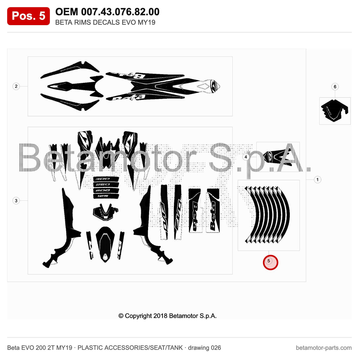 BETA RIMS DECALS EVO MY19 – OEM 007.43.076.82.00, position 5 on the Beta EVO 200 2T MY19 plastic accessories/seat/tank drawing