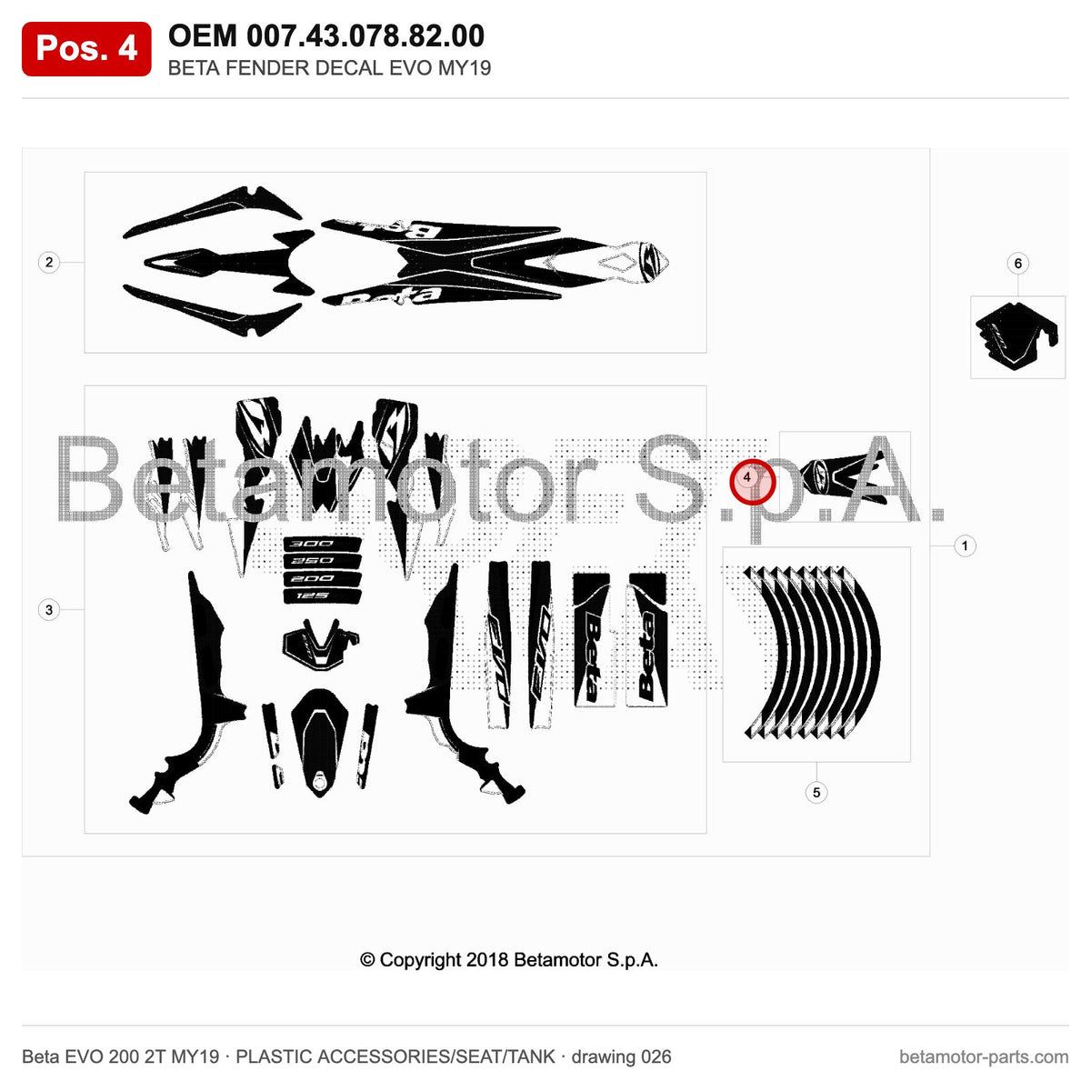 BETA FENDER DECAL EVO MY19 – OEM 007.43.078.82.00, position 4 on the Beta EVO 200 2T MY19 plastic accessories/seat/tank drawing