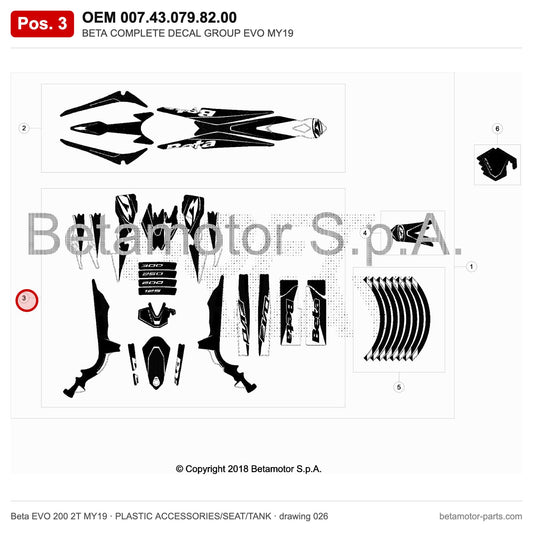 BETA COMPLETE DECAL GROUP EVO MY19 – OEM 007.43.079.82.00, position 3 on the Beta EVO 200 2T MY19 plastic accessories/seat/tank drawing