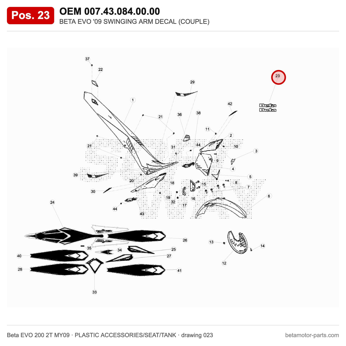 BETA EVO '09 SWINGING ARM DECAL (COUPLE) – OEM 007.43.084.00.00, position 23 on the Beta EVO 200 2T MY09 plastic accessories/seat/tank drawing