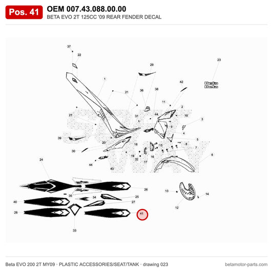 BETA EVO 2T 125CC '09 REAR FENDER DECAL – OEM 007.43.088.00.00, position 41 on the Beta EVO 200 2T MY09 plastic accessories/seat/tank drawing