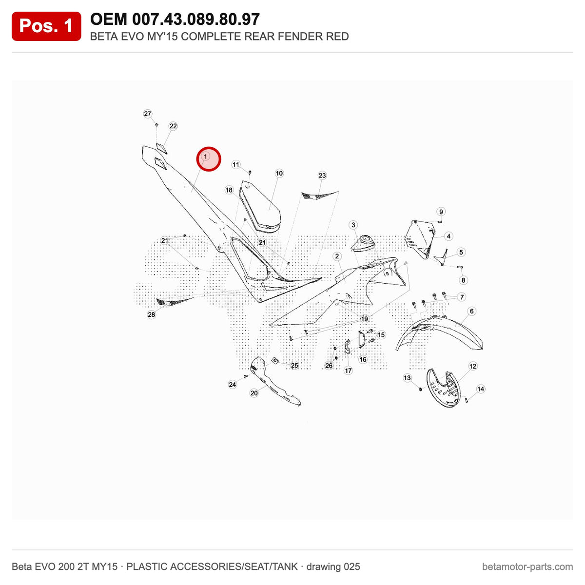 BETA EVO MY'15 COMPLETE REAR FENDER RED – OEM 007.43.089.80.97, position 1 on the Beta EVO 200 2T MY15 plastic accessories/seat/tank drawing