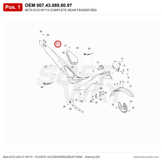 BETA EVO MY'15 COMPLETE REAR FENDER RED – OEM 007.43.089.80.97, position 1 on the Beta EVO 200 2T MY15 plastic accessories/seat/tank drawing