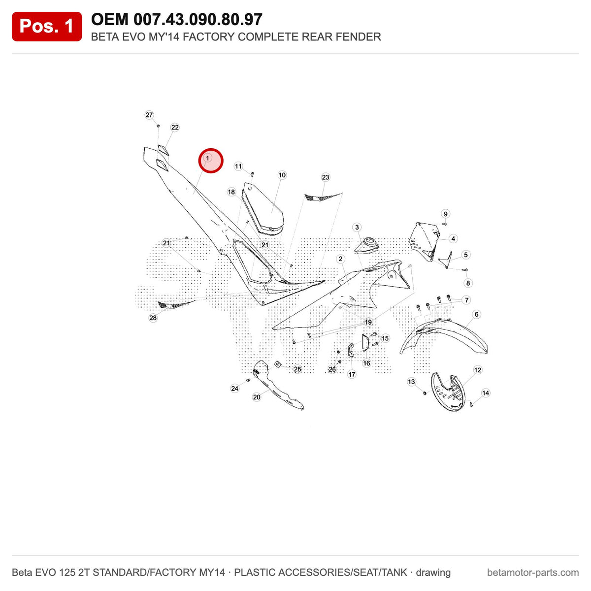 BETA EVO MY'14 FACTORY COMPLETE REAR FENDER – OEM 007.43.090.80.97, position 1 on the Beta EVO 125 2T STANDARD/FACTORY MY14 plastic accessories/seat/tank drawing