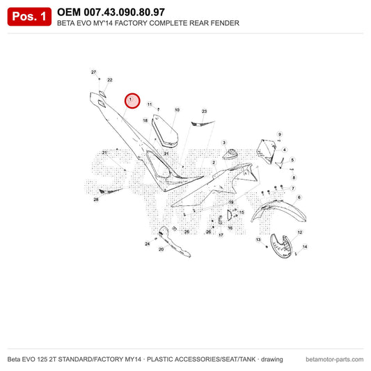 BETA EVO MY'14 FACTORY COMPLETE REAR FENDER – OEM 007.43.090.80.97, position 1 on the Beta EVO 125 2T STANDARD/FACTORY MY14 plastic accessories/seat/tank drawing