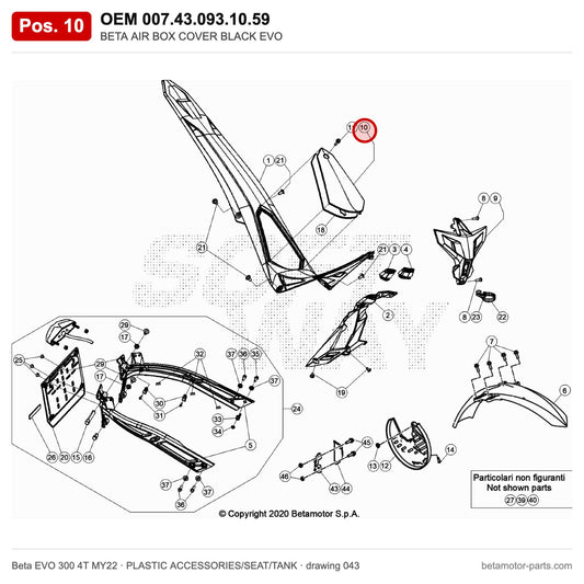 BETA AIR BOX COVER BLACK EVO – OEM 007.43.093.10.59, position 10 on the Beta EVO 300 4T MY22 plastic accessories/seat/tank drawing