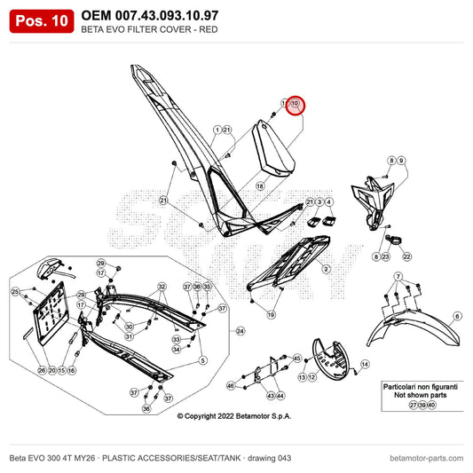 BETA EVO FILTER COVER - RED – OEM 007.43.093.10.97, position 10 on the Beta EVO 300 4T MY26 plastic accessories/seat/tank drawing