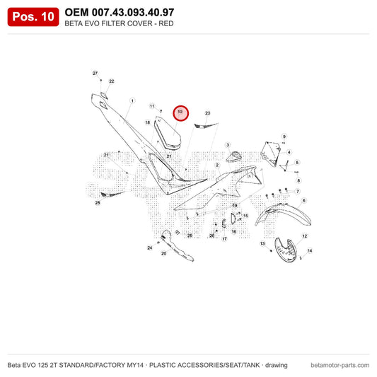 BETA EVO FILTER COVER - RED – OEM 007.43.093.40.97, position 10 on the Beta EVO 125 2T STANDARD/FACTORY MY14 plastic accessories/seat/tank drawing