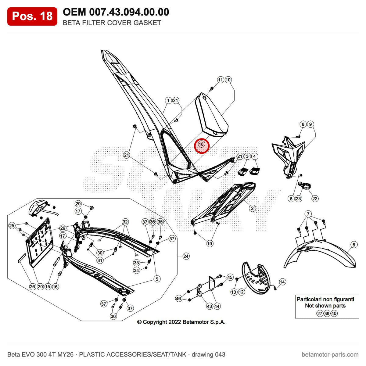 BETA FILTER COVER GASKET – OEM 007.43.094.00.00, position 18 on the Beta EVO 300 4T MY26 plastic accessories/seat/tank drawing
