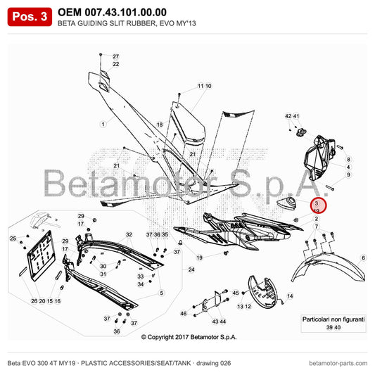 BETA GUIDING SLIT RUBBER, EVO MY'13 – OEM 007.43.101.00.00, position 3 on the Beta EVO 300 4T MY19 plastic accessories/seat/tank drawing