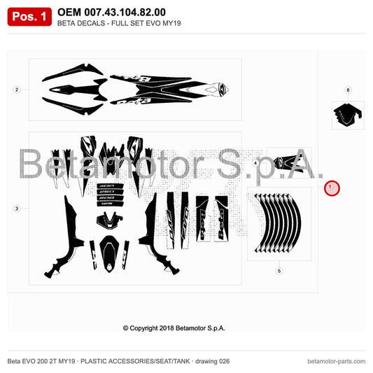BETA DECALS - FULL SET EVO MY19 – OEM 007.43.104.82.00, position 1 on the Beta EVO 200 2T MY19 plastic accessories/seat/tank drawing