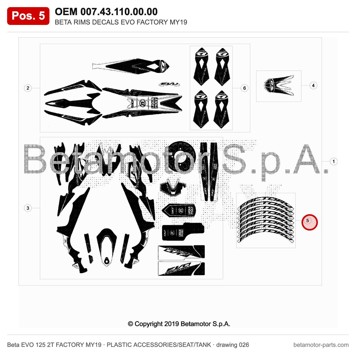 BETA RIMS DECALS EVO FACTORY MY19 – OEM 007.43.110.00.00, position 5 on the Beta EVO 125 2T FACTORY MY19 plastic accessories/seat/tank drawing
