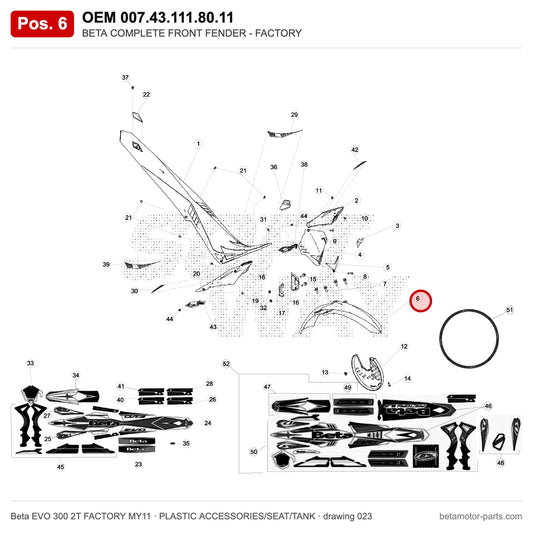 BETA COMPLETE FRONT FENDER - FACTORY – OEM 007.43.111.80.11, position 6 on the Beta EVO 300 2T FACTORY MY11 plastic accessories/seat/tank drawing
