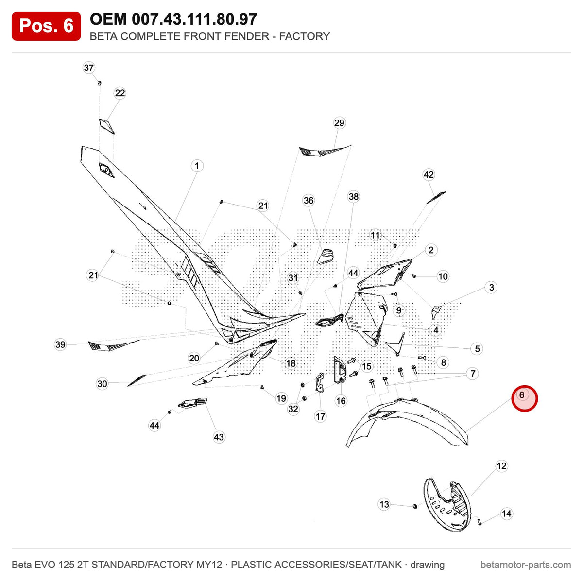 BETA COMPLETE FRONT FENDER - FACTORY – OEM 007.43.111.80.97, position 6 on the Beta EVO 125 2T STANDARD/FACTORY MY12 plastic accessories/seat/tank drawing