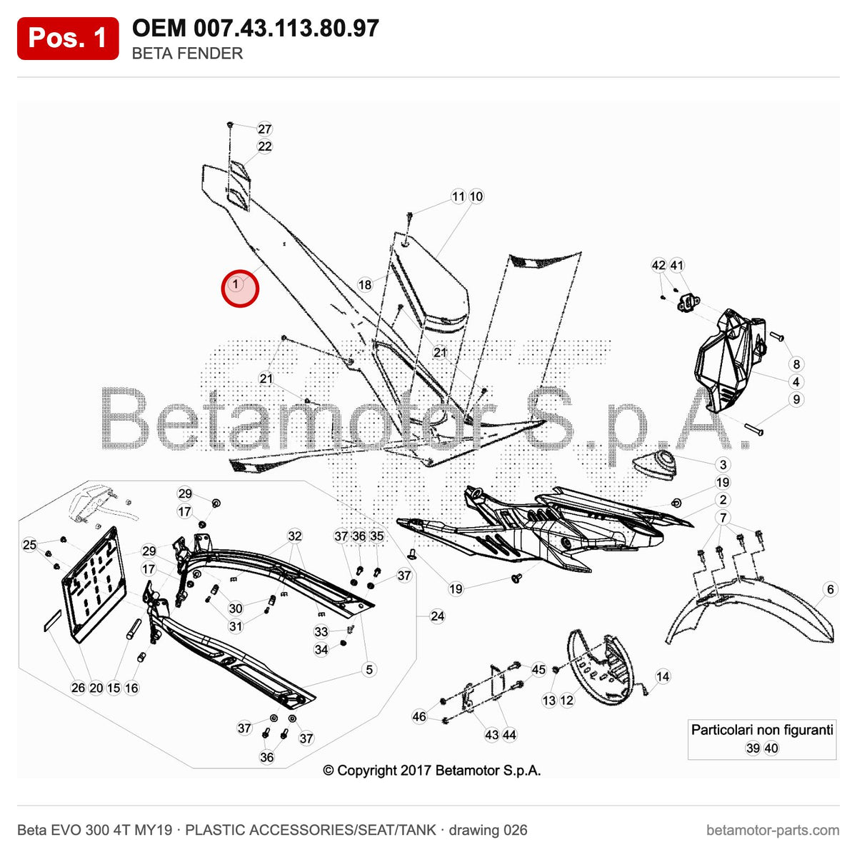 BETA FENDER – OEM 007.43.113.80.97, position 1 on the Beta EVO 300 4T MY19 plastic accessories/seat/tank drawing