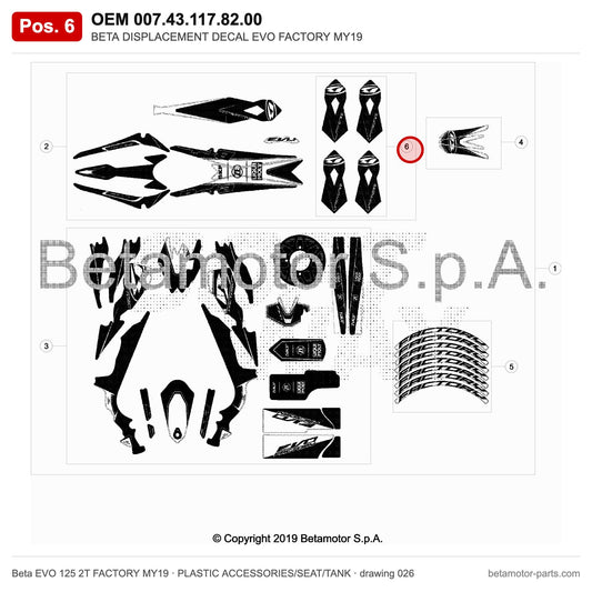 BETA DISPLACEMENT DECAL EVO FACTORY MY19 – OEM 007.43.117.82.00, position 6 on the Beta EVO 125 2T FACTORY MY19 plastic accessories/seat/tank drawing