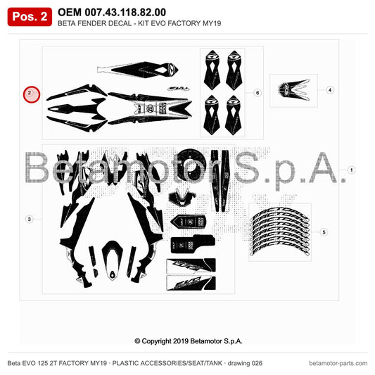 BETA FENDER DECAL - KIT EVO FACTORY MY19 – OEM 007.43.118.82.00, position 2 on the Beta EVO 125 2T FACTORY MY19 plastic accessories/seat/tank drawing