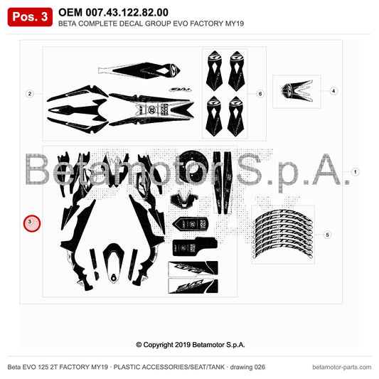BETA COMPLETE DECAL GROUP EVO FACTORY MY19 – OEM 007.43.122.82.00, position 3 on the Beta EVO 125 2T FACTORY MY19 plastic accessories/seat/tank drawing