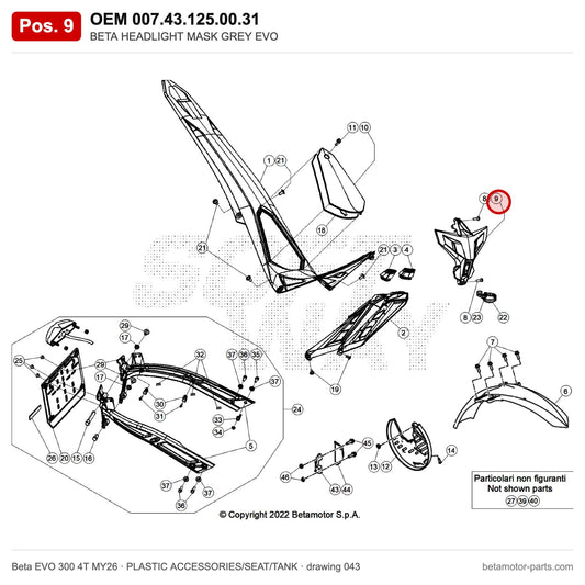 BETA HEADLIGHT MASK GREY EVO – OEM 007.43.125.00.31, position 9 on the Beta EVO 300 4T MY26 plastic accessories/seat/tank drawing