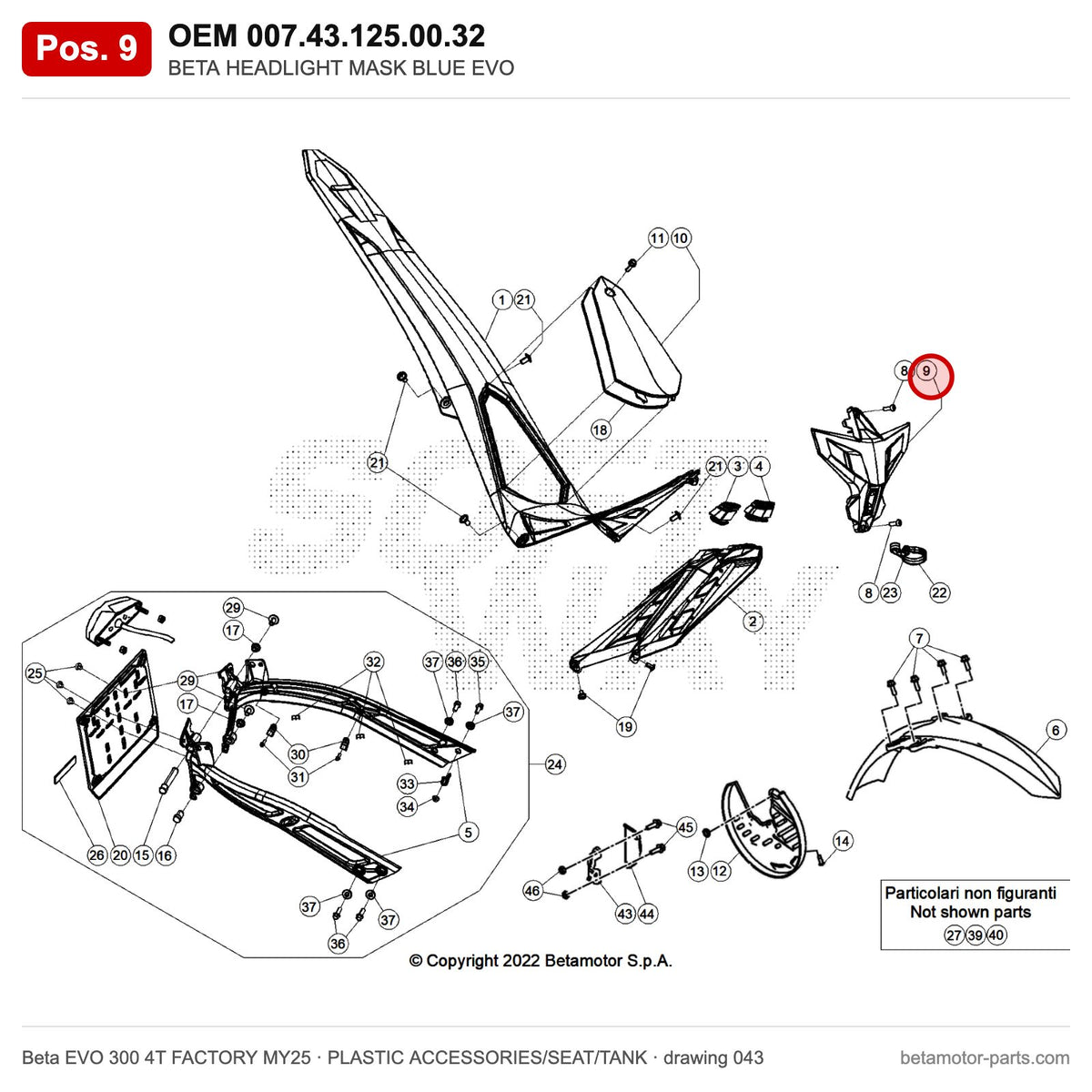 BETA HEADLIGHT MASK BLUE EVO – OEM 007.43.125.00.32, position 9 on the Beta EVO 300 4T FACTORY MY25 plastic accessories/seat/tank drawing