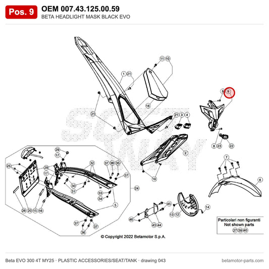 BETA HEADLIGHT MASK BLACK EVO – OEM 007.43.125.00.59, position 9 on the Beta EVO 300 4T MY25 plastic accessories/seat/tank drawing