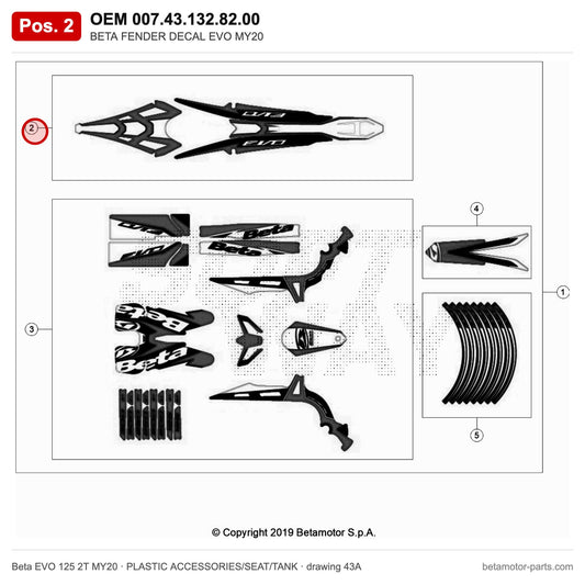 BETA FENDER DECAL EVO MY20 – OEM 007.43.132.82.00, position 2 on the Beta EVO 125 2T MY20 plastic accessories/seat/tank drawing