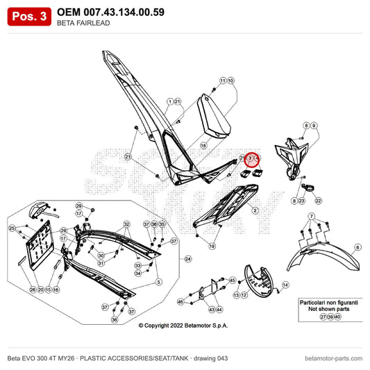 BETA FAIRLEAD – OEM 007.43.134.00.59, position 3 on the Beta EVO 300 4T MY26 plastic accessories/seat/tank drawing