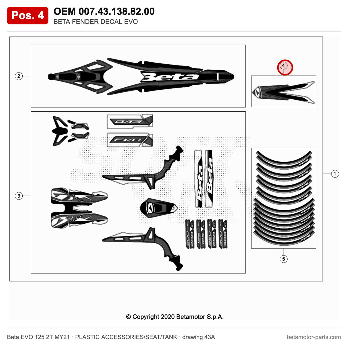 BETA FENDER DECAL EVO – OEM 007.43.138.82.00, position 4 on the Beta EVO 125 2T MY21 plastic accessories/seat/tank drawing