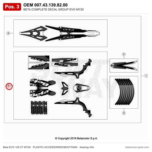 BETA COMPLETE DECAL GROUP EVO MY20 – OEM 007.43.139.82.00, position 3 on the Beta EVO 125 2T MY20 plastic accessories/seat/tank drawing