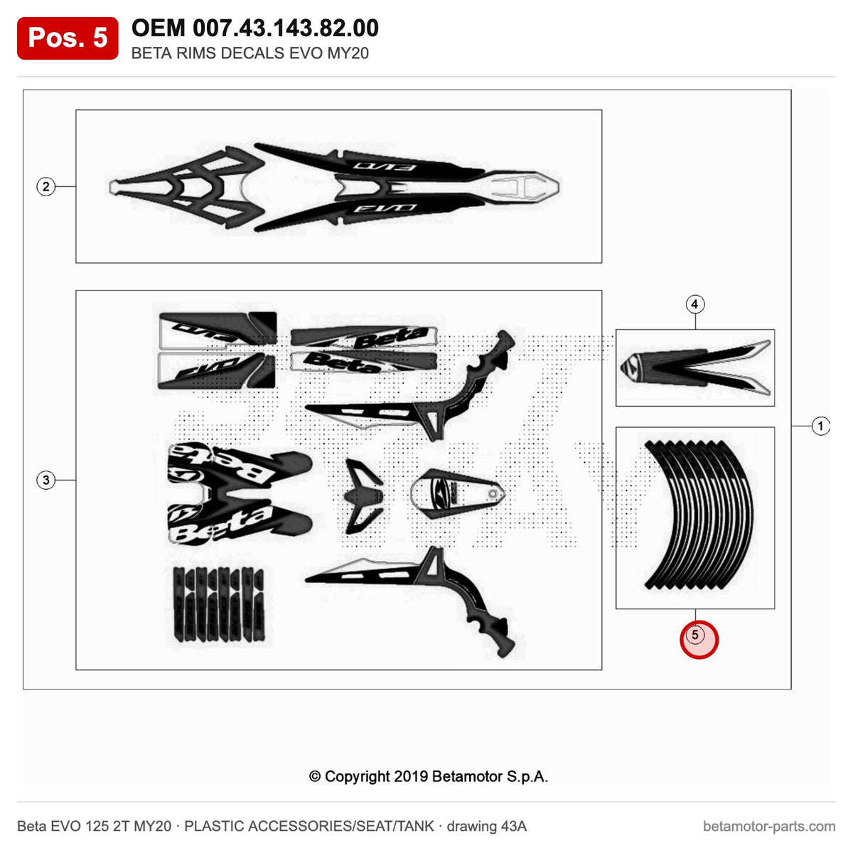BETA RIMS DECALS EVO MY20 – OEM 007.43.143.82.00, position 5 on the Beta EVO 125 2T MY20 plastic accessories/seat/tank drawing