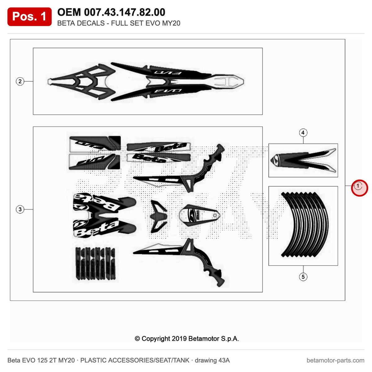 BETA DECALS - FULL SET EVO MY20 – OEM 007.43.147.82.00, position 1 on the Beta EVO 125 2T MY20 plastic accessories/seat/tank drawing