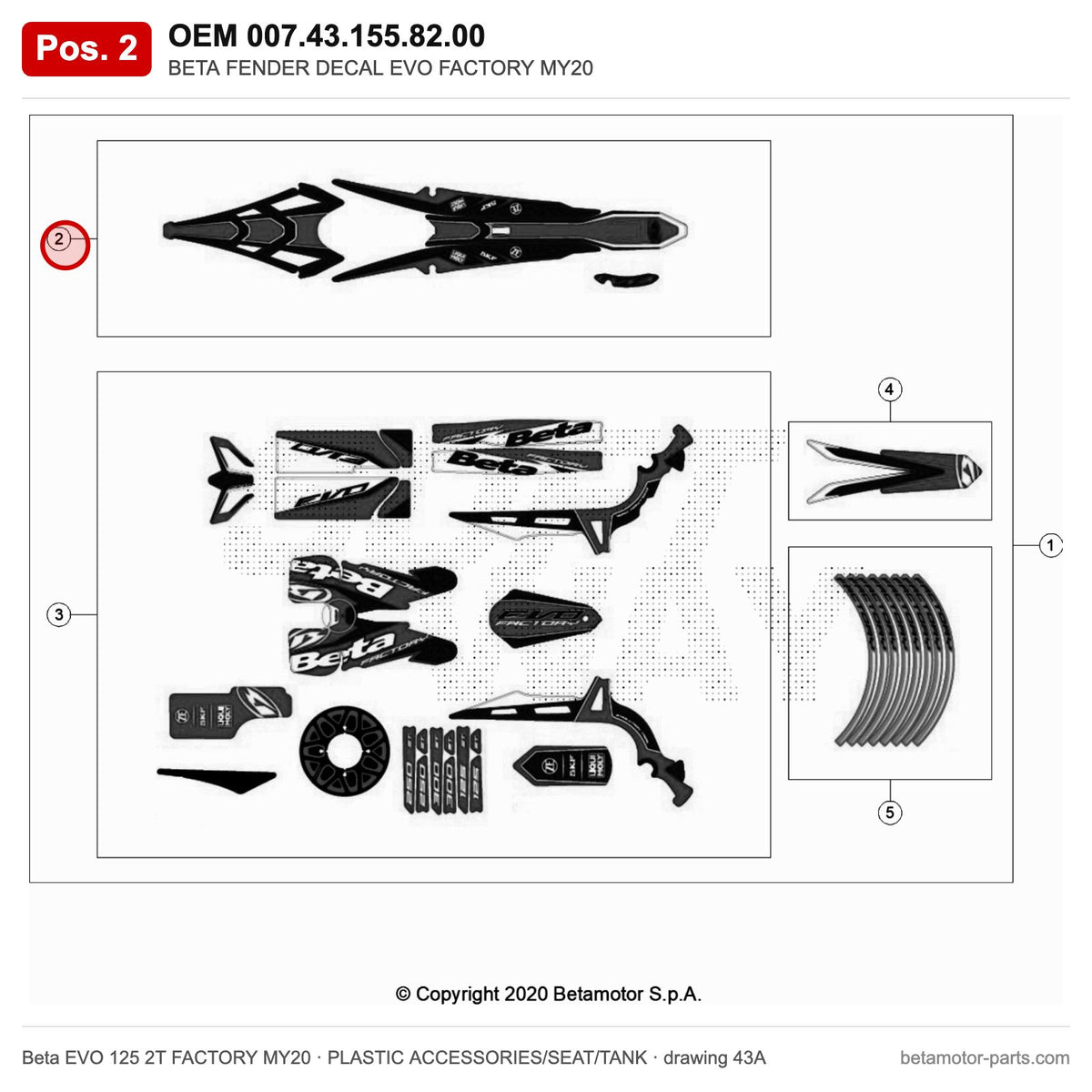 BETA FENDER DECAL EVO FACTORY MY20 – OEM 007.43.155.82.00, position 2 on the Beta EVO 125 2T FACTORY MY20 plastic accessories/seat/tank drawing
