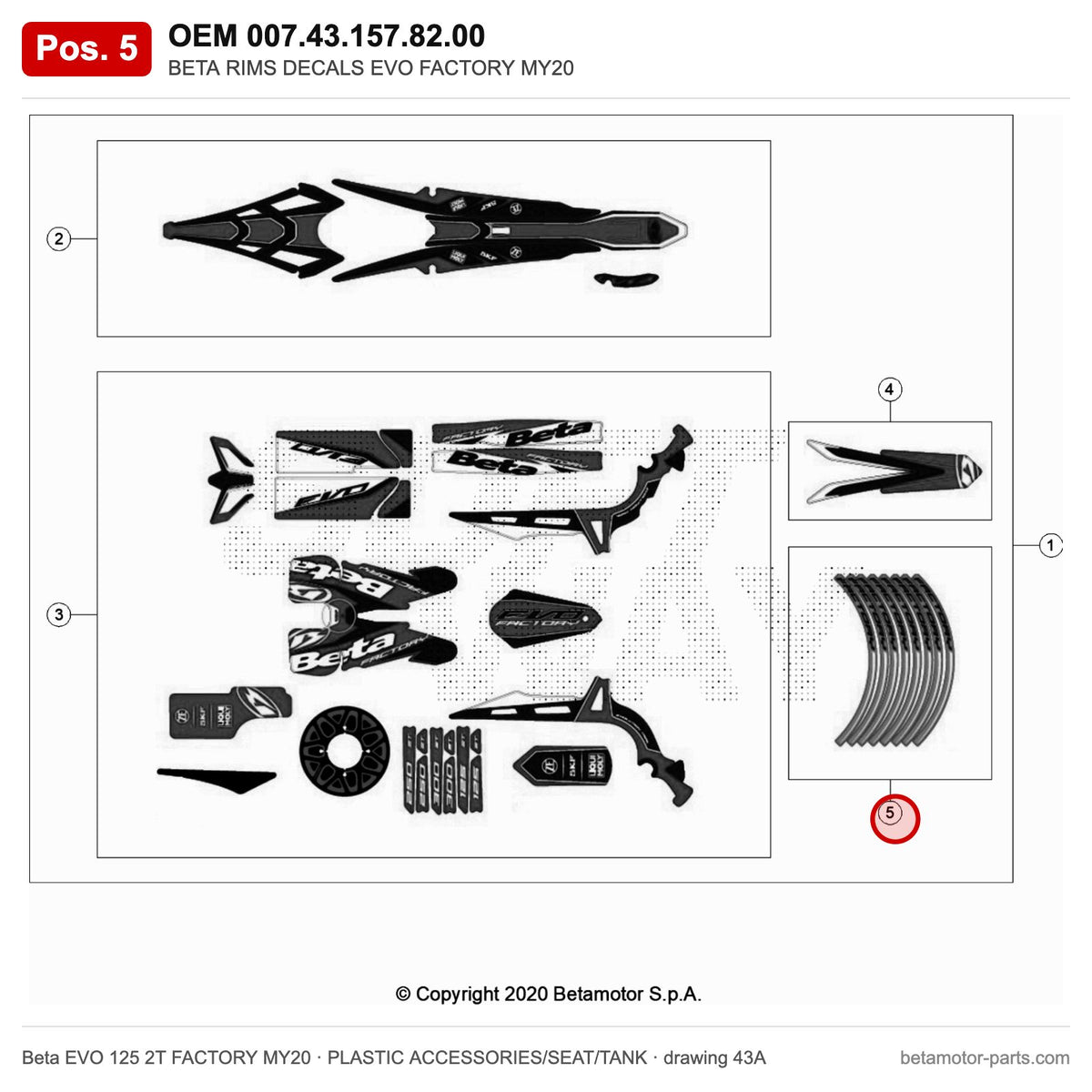 BETA RIMS DECALS EVO FACTORY MY20 – OEM 007.43.157.82.00, position 5 on the Beta EVO 125 2T FACTORY MY20 plastic accessories/seat/tank drawing