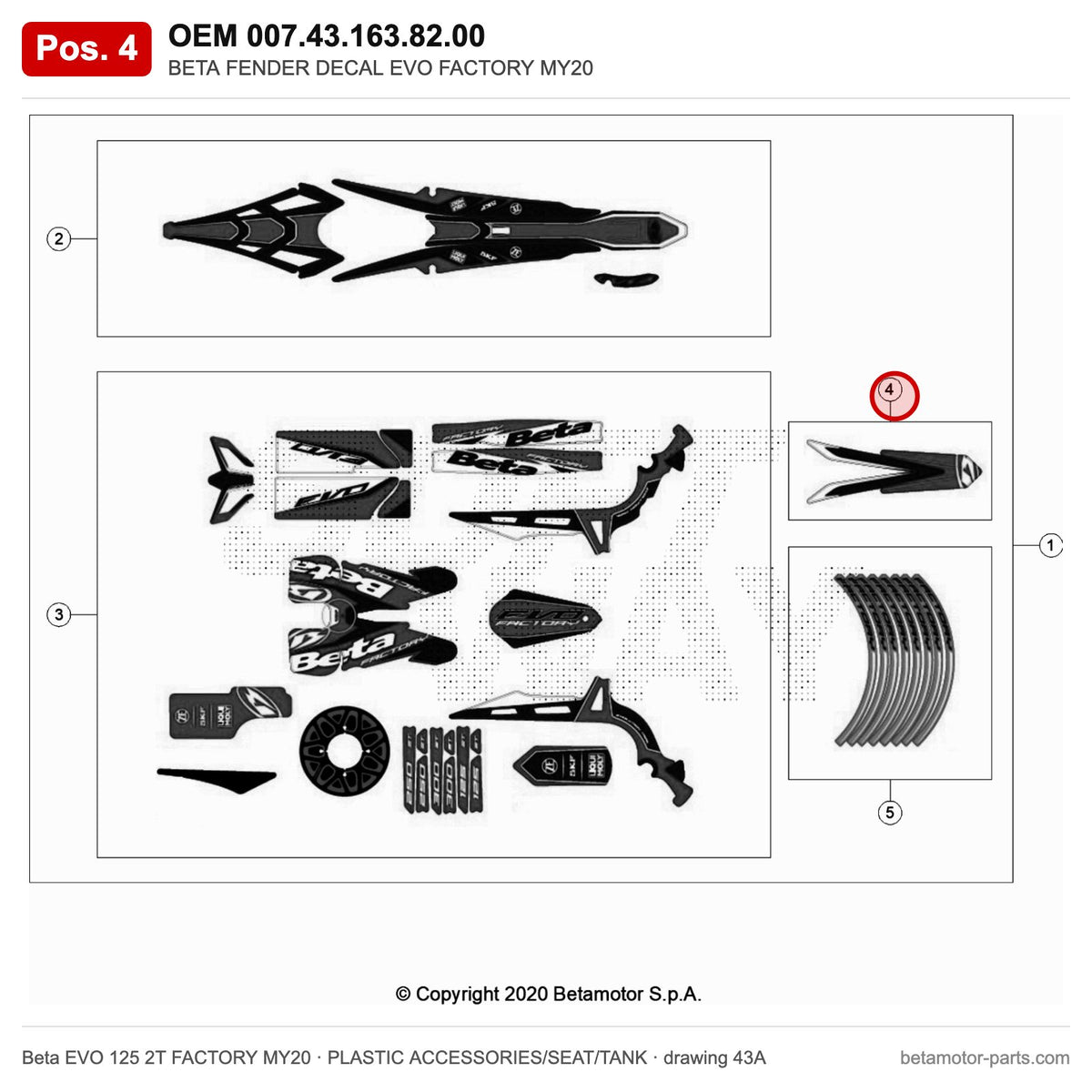 BETA FENDER DECAL EVO FACTORY MY20 – OEM 007.43.163.82.00, position 4 on the Beta EVO 125 2T FACTORY MY20 plastic accessories/seat/tank drawing