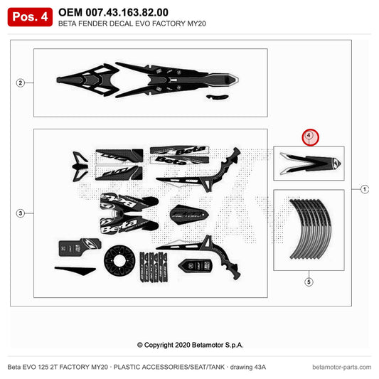 BETA FENDER DECAL EVO FACTORY MY20 – OEM 007.43.163.82.00, position 4 on the Beta EVO 125 2T FACTORY MY20 plastic accessories/seat/tank drawing
