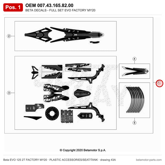 BETA DECALS - FULL SET EVO FACTORY MY20 – OEM 007.43.165.82.00, position 1 on the Beta EVO 125 2T FACTORY MY20 plastic accessories/seat/tank drawing