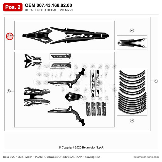 BETA FENDER DECAL EVO MY21 – OEM 007.43.168.82.00, position 2 on the Beta EVO 125 2T MY21 plastic accessories/seat/tank drawing