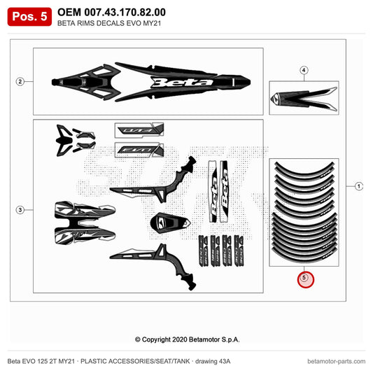 BETA RIMS DECALS EVO MY21 – OEM 007.43.170.82.00, position 5 on the Beta EVO 125 2T MY21 plastic accessories/seat/tank drawing