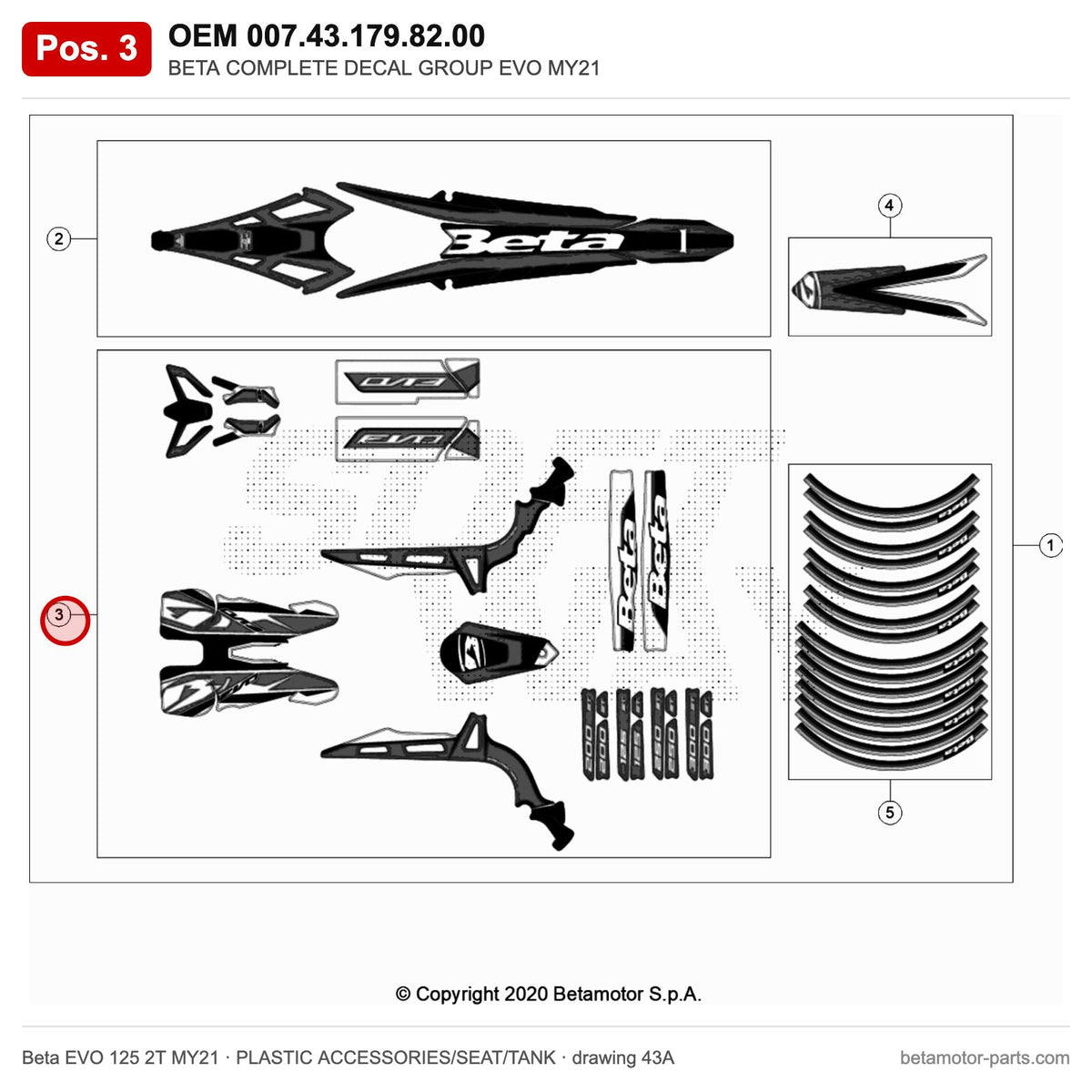 BETA COMPLETE DECAL GROUP EVO MY21 – OEM 007.43.179.82.00, position 3 on the Beta EVO 125 2T MY21 plastic accessories/seat/tank drawing