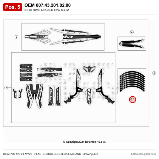 BETA RIMS DECALS EVO MY22 – OEM 007.43.201.82.00, position 5 on the Beta EVO 125 2T MY22 plastic accessories/seat/tank drawing