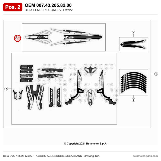 BETA FENDER DECAL EVO MY22 – OEM 007.43.205.82.00, position 2 on the Beta EVO 125 2T MY22 plastic accessories/seat/tank drawing