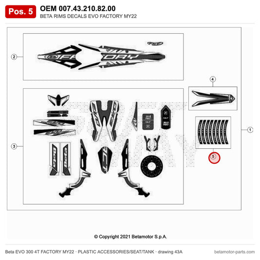 BETA RIMS DECALS EVO FACTORY MY22 – OEM 007.43.210.82.00, position 5 on the Beta EVO 300 4T FACTORY MY22 plastic accessories/seat/tank drawing