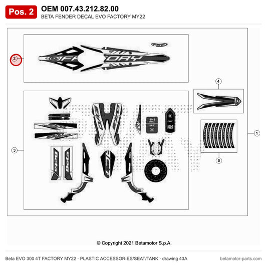 BETA FENDER DECAL EVO FACTORY MY22 – OEM 007.43.212.82.00, position 2 on the Beta EVO 300 4T FACTORY MY22 plastic accessories/seat/tank drawing