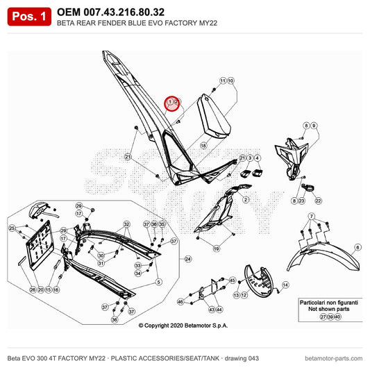 BETA REAR FENDER BLUE EVO FACTORY MY22 – OEM 007.43.216.80.32, position 1 on the Beta EVO 300 4T FACTORY MY22 plastic accessories/seat/tank drawing