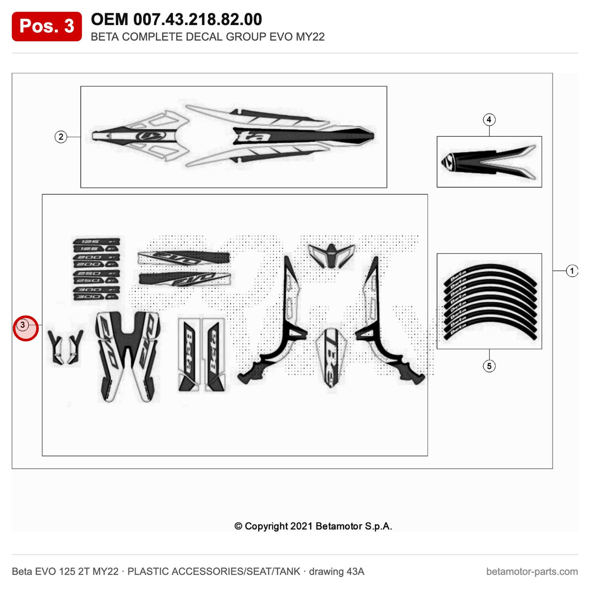 BETA COMPLETE DECAL GROUP EVO MY22 – OEM 007.43.218.82.00, position 3 on the Beta EVO 125 2T MY22 plastic accessories/seat/tank drawing