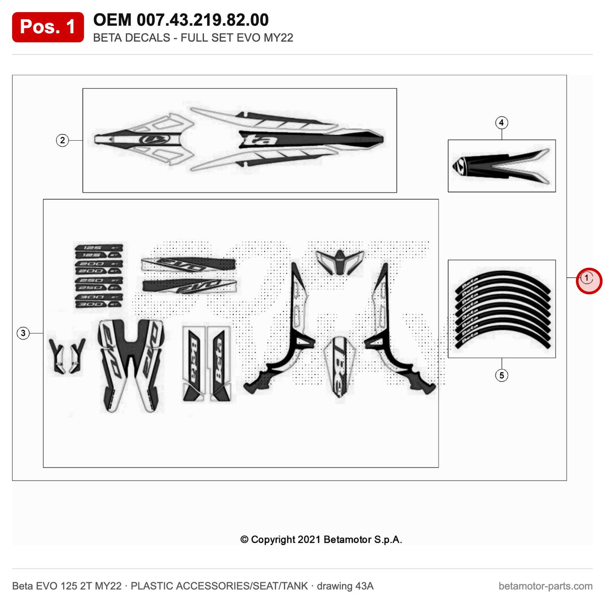 BETA DECALS - FULL SET EVO MY22 – OEM 007.43.219.82.00, position 1 on the Beta EVO 125 2T MY22 plastic accessories/seat/tank drawing