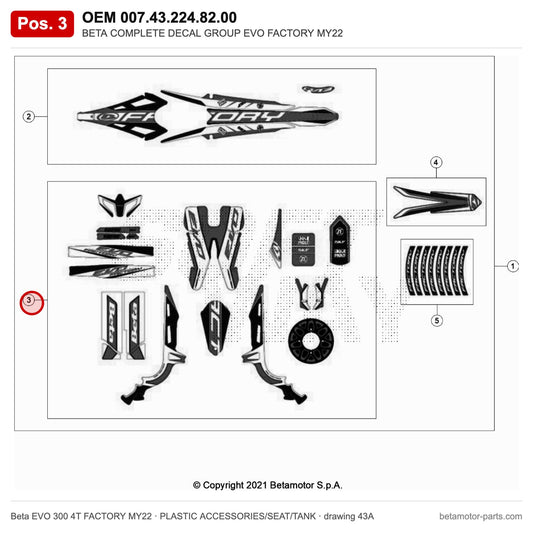 BETA COMPLETE DECAL GROUP EVO FACTORY MY22 – OEM 007.43.224.82.00, position 3 on the Beta EVO 300 4T FACTORY MY22 plastic accessories/seat/tank drawing