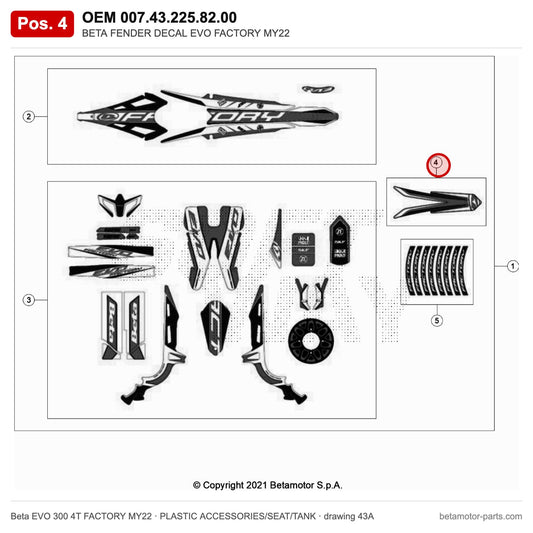 BETA FENDER DECAL EVO FACTORY MY22 – OEM 007.43.225.82.00, position 4 on the Beta EVO 300 4T FACTORY MY22 plastic accessories/seat/tank drawing
